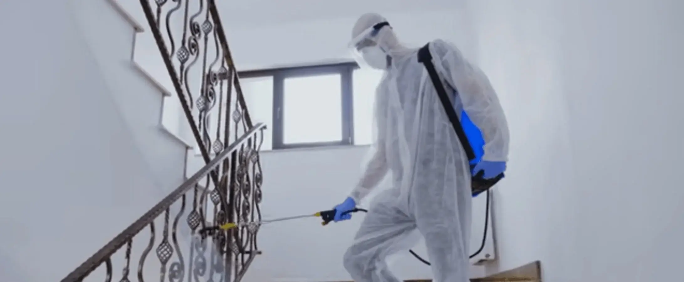 Treating a stairwell railing in protective gear for bed bugs